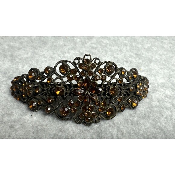 Accessories - Antique Amber Tone Rhinestone Hair Barrette Jeweled Filigree Clip 4" Long